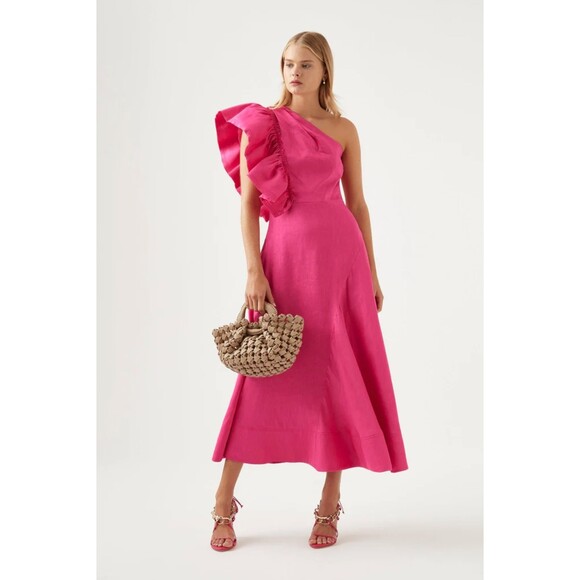 NWT Aje Bonjour Asymmetric Midi Dress Fuchsia Pink US 4 AU 8 Linen Blend Ruffle - Picture 1 of 14